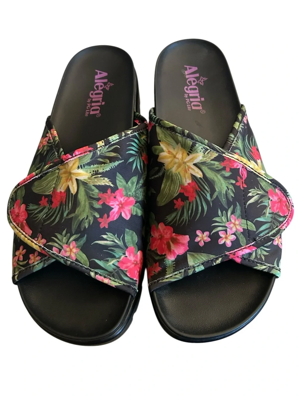 Alegria Airie Black Tropical Floral Sandals Adjustable Slides Size 40 EU